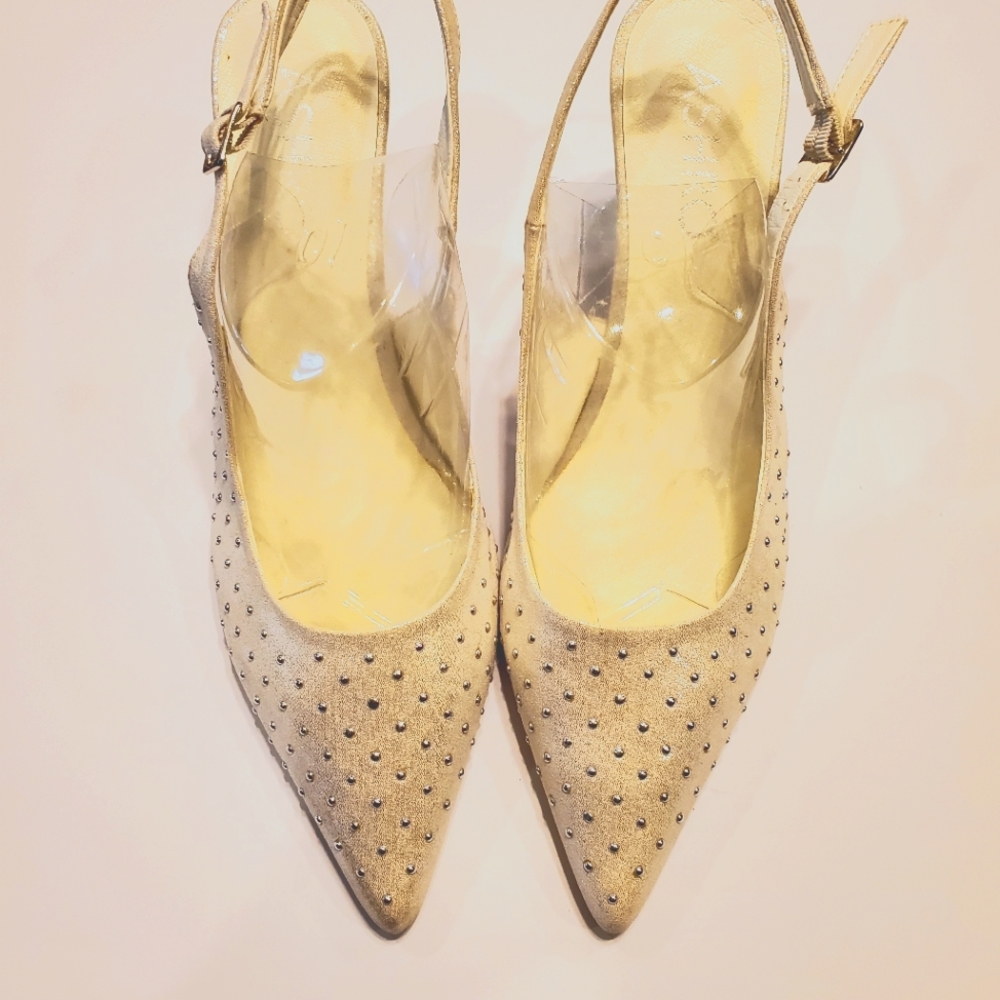 Studded light silver slingbacks 3 in heel, size 11 lightly worn.